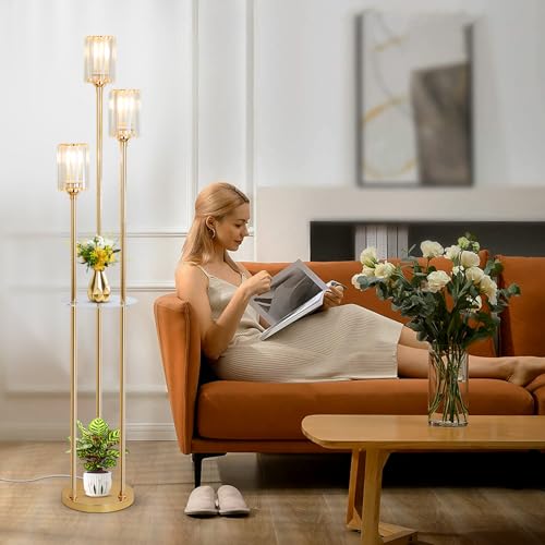 HMVPL Gold Floor Lamps for Living Room, Modern Floor Lamp with Shelves, Crystal Standing Lamps with Table, Brass Tall Lamp with Crystal Shade, On/Off Switch, Mid Century Corner Floor Lamp for Bedroom - Image 3