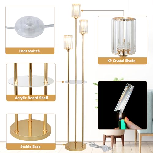 HMVPL Gold Floor Lamps for Living Room, Modern Floor Lamp with Shelves, Crystal Standing Lamps with Table, Brass Tall Lamp with Crystal Shade, On/Off Switch, Mid Century Corner Floor Lamp for Bedroom - Image 5