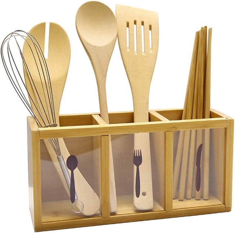 Wooden Cutlery Organizer Wooden Box For Spoons And Knives Bamboo Kitchen Utensil Holder 3 Compartments Countertop Storage Container Table Organizer