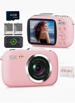 Digital Camera,5K Cameras for Photography,80MP UHD Portable Vlogging Camera,Cheap 18X Zoom Travel Point and Shoot Camera with 64GB TF Card,Photography Cameras for Beginners Teen - Pink