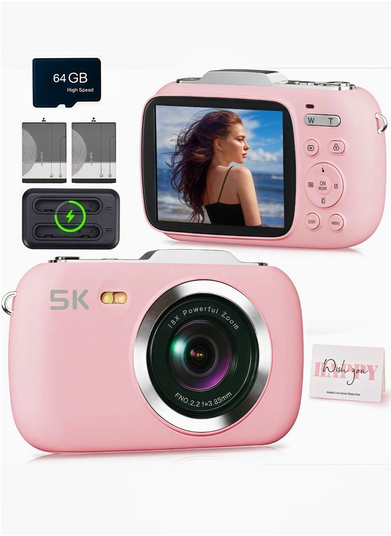 Generic - Digital Camera,5K Cameras for Photography,80MP UHD Portable Vlogging Camera,Cheap 18X Zoom Travel Point and Shoot Camera with 64GB TF Card,Photography Cameras for Beginners Teen - Pink - Image 1