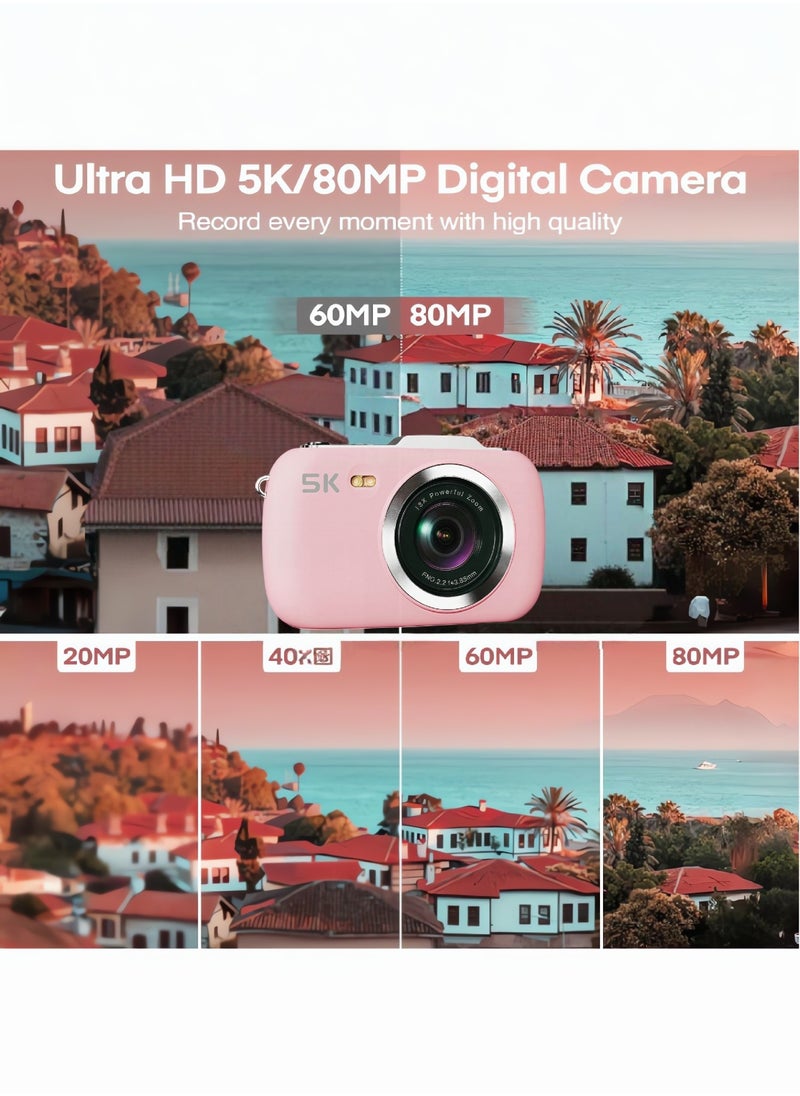 Generic - Digital Camera,5K Cameras for Photography,80MP UHD Portable Vlogging Camera,Cheap 18X Zoom Travel Point and Shoot Camera with 64GB TF Card,Photography Cameras for Beginners Teen - Pink - Image 1