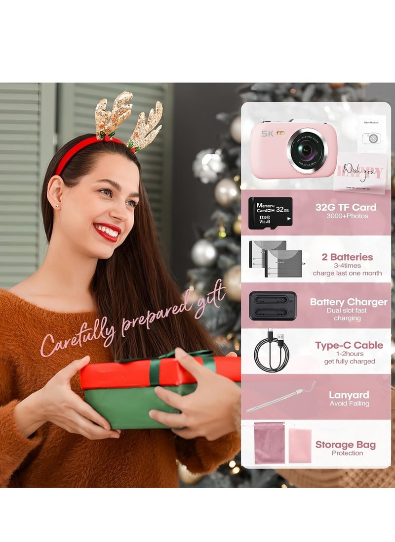 Generic - Digital Camera,5K Cameras for Photography,80MP UHD Portable Vlogging Camera,Cheap 18X Zoom Travel Point and Shoot Camera with 64GB TF Card,Photography Cameras for Beginners Teen - Pink - Image 1
