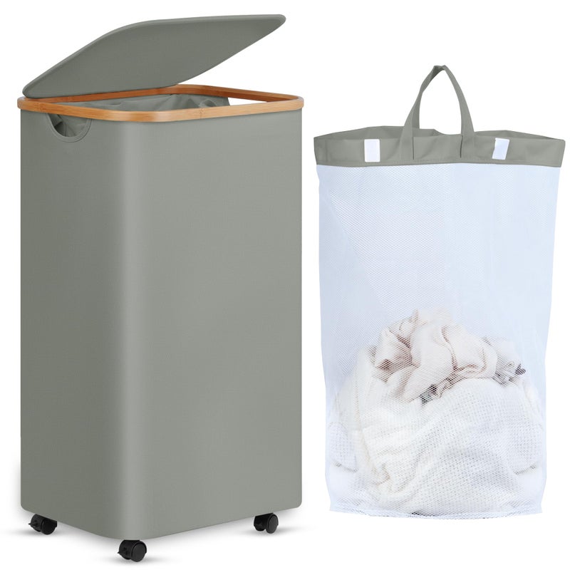 efluky Laundry Basket with Wheels Tall Rolling Laundry Hamper with Lid and Removable Bag Aesthetic Dirty Clothes Hamper on Wheels for Laundry Room Bedroom Dorm and Bathroom 100L Grey