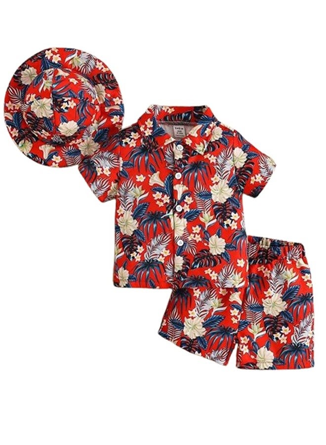ocvito Kids Flower Print Shirt and Shorts Set Summer Cotton Co-Ord Set Half Sleeve Comfortable Stylish Outfit for Boys and Girls (Baby Boys, Flower_Red, 3-4 Year) - Image 1