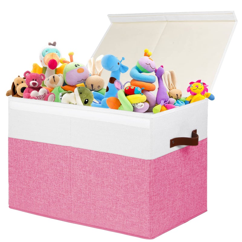 Gowee Large Toy Box with Lid, Sturdy Toy Storage Chest Bin Boxes Organizer Basket with Dividers for Toddlers, Kids, Boys, Girls, Nursery, Closet, Bedroom, Playroom 25"x13" x16" (Pink and White) - Image 1