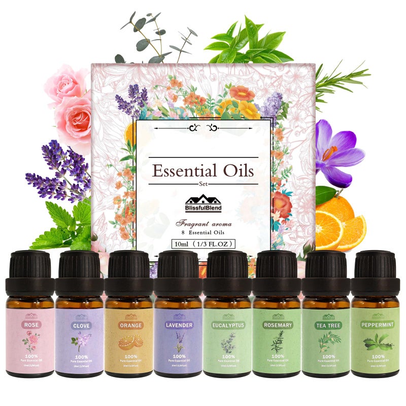BlissfulBlend 8 Pcs 100% Pure Floral Essential Oils Set for Diffuser, Home Care, Candle, Soap, Clean, Perfume, Laundry - Peppermint, Lavender, Rose, Clove - Organic Aromatherapy for Women and Mom Gift 10ml Each - Image 1