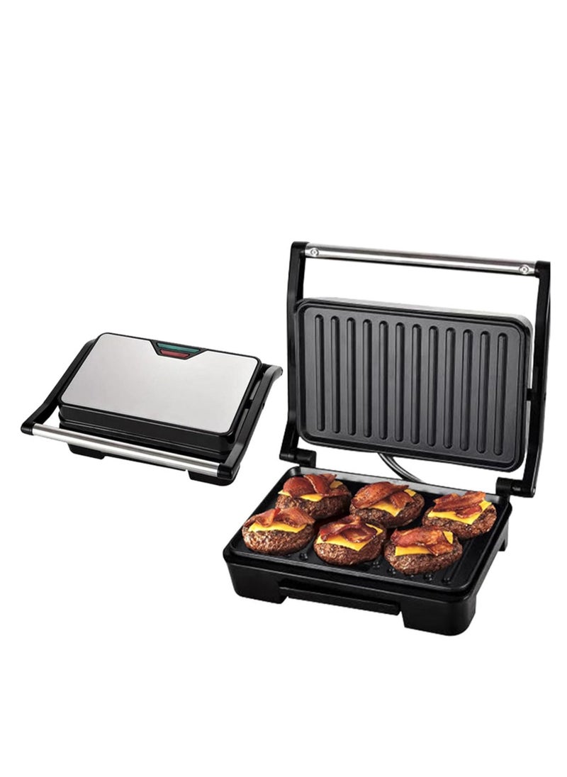Electric Indoor Panini Press Grill and Sandwich Maker with Non-Stick Coated Plates, Cool-Touch Handle and Removable Drip Tray, Opens 180 Degrees to Fit Any Type or Size of Food, Silver