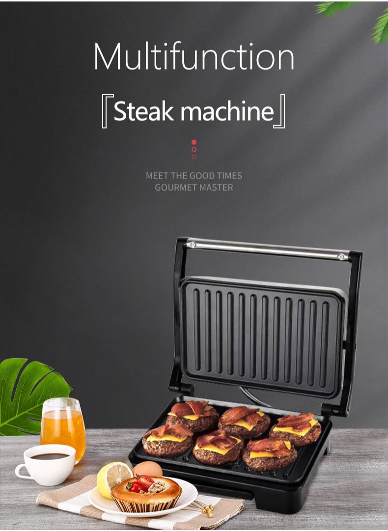 Electric Indoor Panini Press Grill and Sandwich Maker with Non-Stick Coated Plates, Cool-Touch Handle and Removable Drip Tray, Opens 180 Degrees to Fit Any Type or Size of Food, Silver