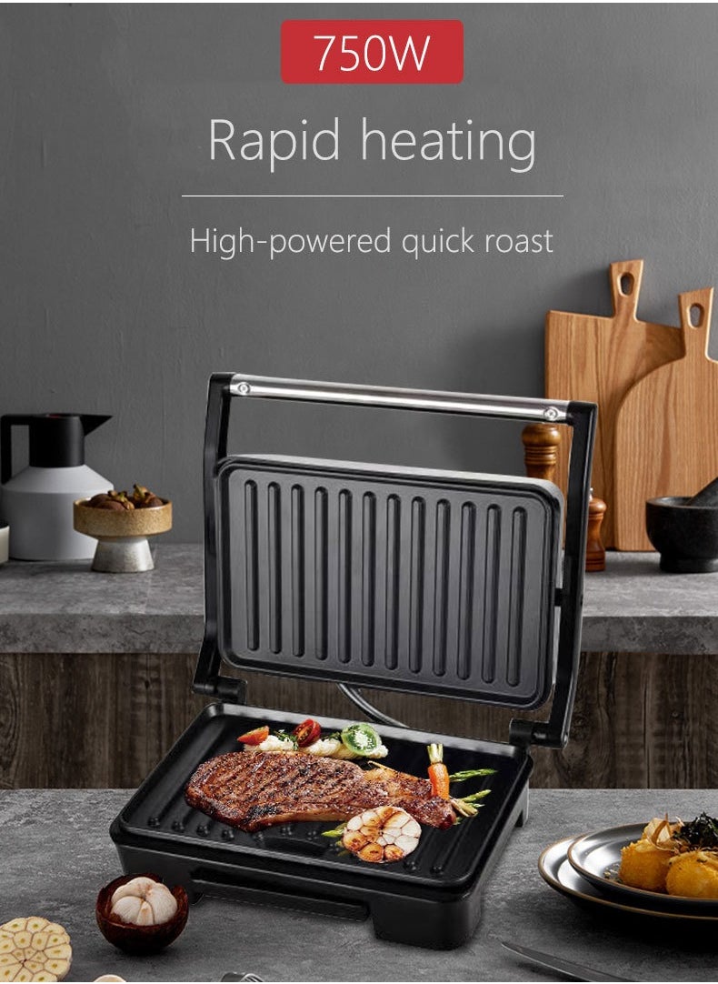 Electric Indoor Panini Press Grill and Sandwich Maker with Non-Stick Coated Plates, Cool-Touch Handle and Removable Drip Tray, Opens 180 Degrees to Fit Any Type or Size of Food, Silver