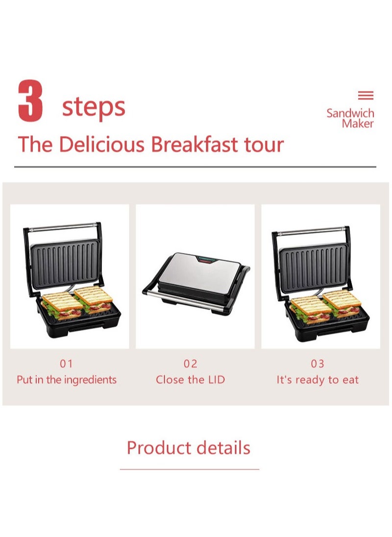 Electric Indoor Panini Press Grill and Sandwich Maker with Non-Stick Coated Plates, Cool-Touch Handle and Removable Drip Tray, Opens 180 Degrees to Fit Any Type or Size of Food, Silver