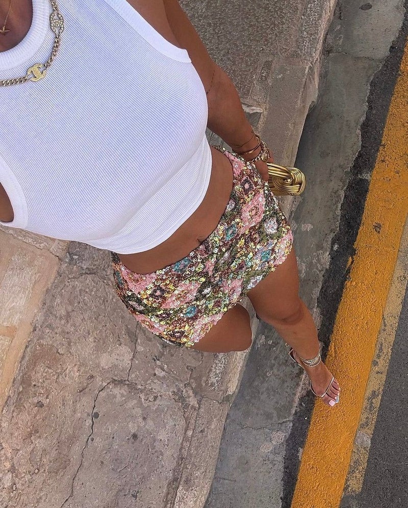 2025 and Women''s Bodycon Skirt with Sequins and Geometric Patchwork, Slim-Fit Pencil Skirt, Short Half Skirt - Image 1