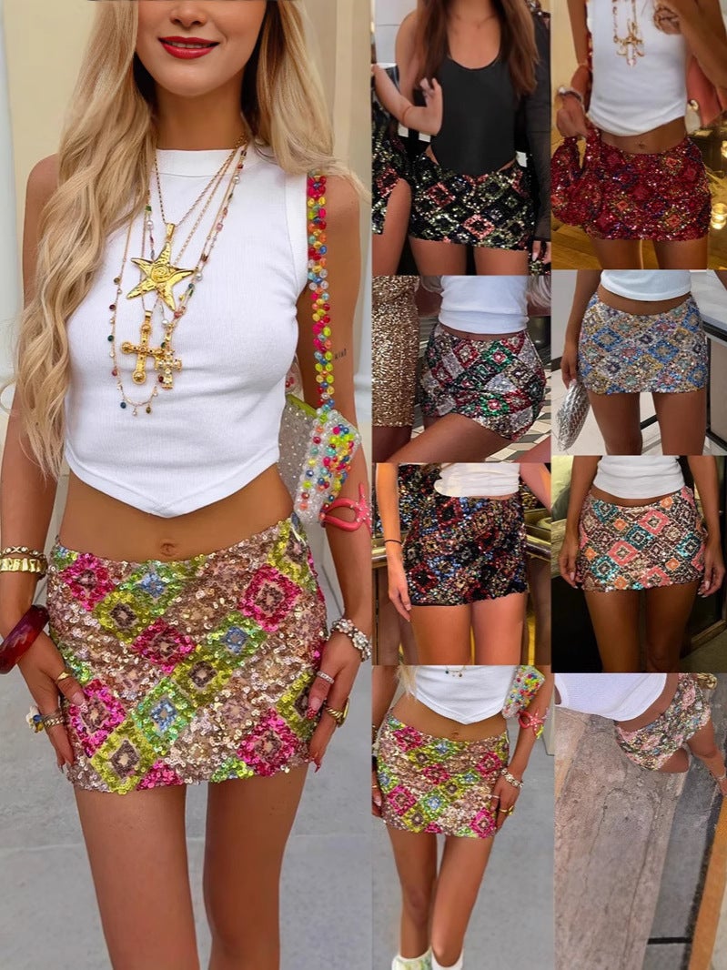 2025 and Women''s Bodycon Skirt with Sequins and Geometric Patchwork, Slim-Fit Pencil Skirt, Short Half Skirt - Image 3