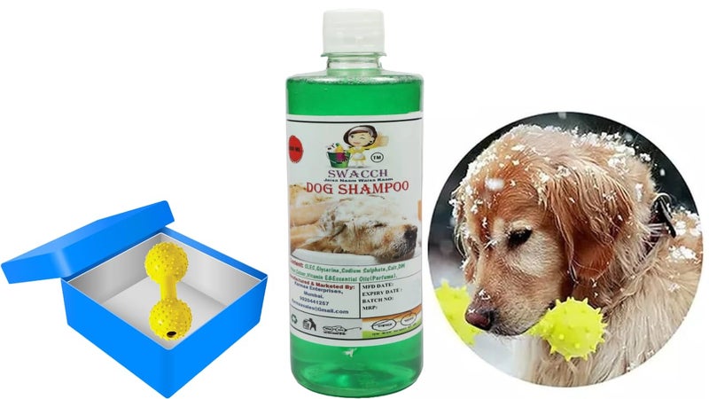 swacch Dog Shampoo + Dumbbell Toy I Durable Rubber Dog Toy for Chewing I Playing,Teeth Cleaning & Training Toy I Combo Pack I 500ml Neem Alovera - Image 1