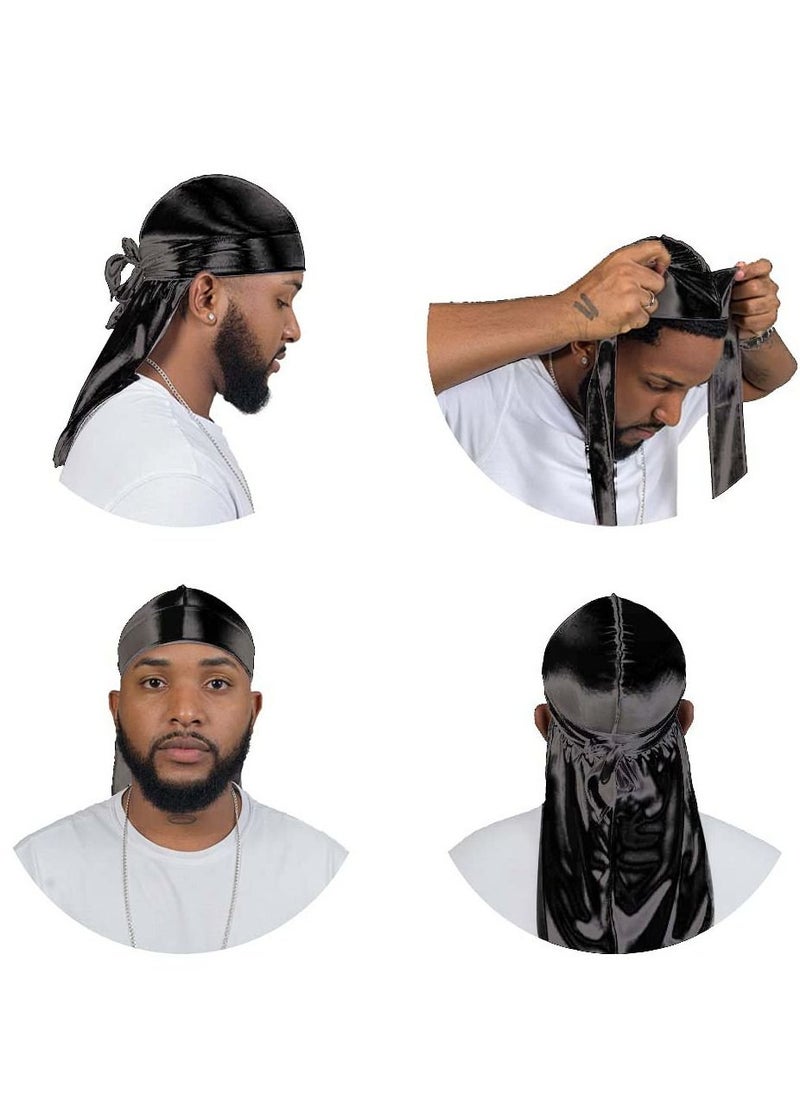 سيوسي - قبعة من Silky Durag للرجال من الحرير الناعم Durags 360 Waves قبعة للجنسين قبعة عمامة ذات ذيول طويلة وأشرطة عريضة 4 قطع - Image 1