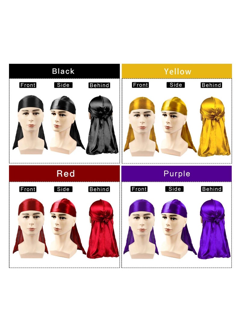 سيوسي - قبعة من Silky Durag للرجال من الحرير الناعم Durags 360 Waves قبعة للجنسين قبعة عمامة ذات ذيول طويلة وأشرطة عريضة 4 قطع - Image 1
