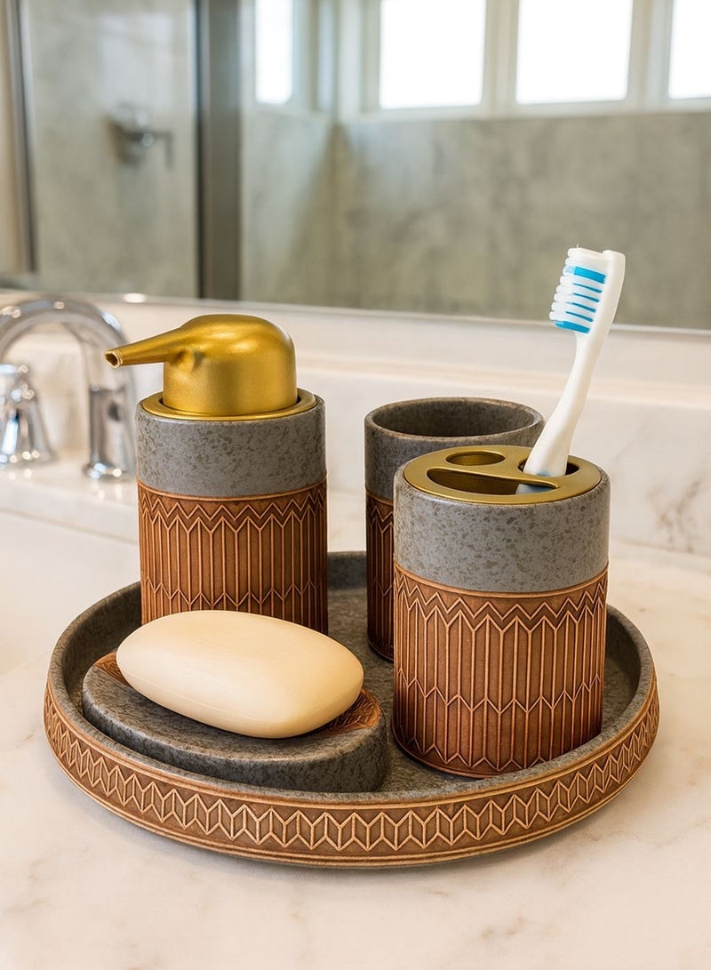 Ceramic bathroom accessories set with golden lines and attractive colors, for safe and clean use. - Image 1