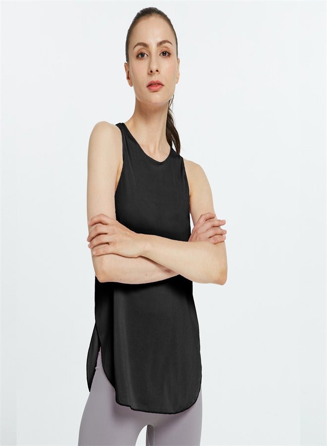 كوينج Women's Solid Color Loose Yoga Vest Black - Image 1