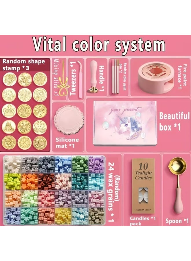 طقم ختم الشمع مع 24 خرزة شمع ملونة - طقم ختم شمع عتيق مع مقبض ختم، وأختام بنمط عشوائي، وملعقة إذابة الشمع، وشمعة، وحصيرة سيليكون، وعلبة هدايا