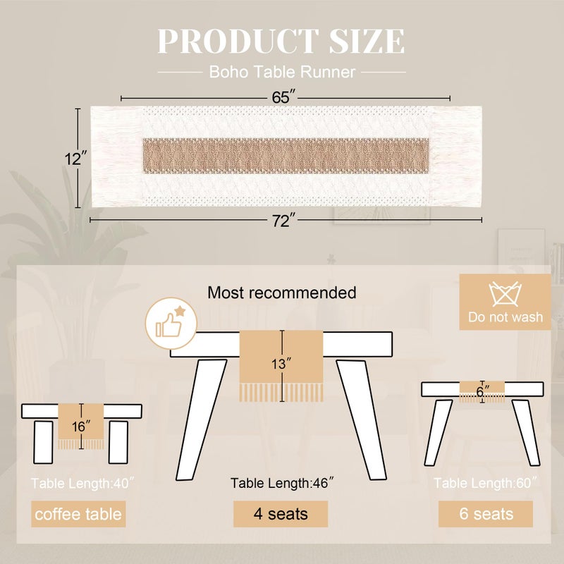 FEXIA Boho Table Runner for Fall Home Decor with Tassels 72 Inches Long Farmhouse Rustic Table Runner Macrame Burlap Table Decoration for Living Room Bridal Shower(12x72 Inches) - Image 3
