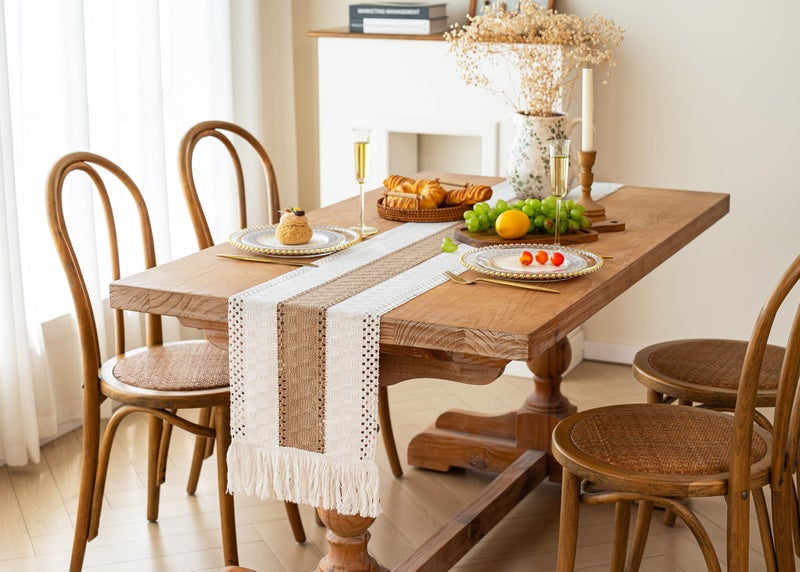 FEXIA Boho Table Runner for Fall Home Decor with Tassels 72 Inches Long Farmhouse Rustic Table Runner Macrame Burlap Table Decoration for Living Room Bridal Shower(12x72 Inches) - Image 5
