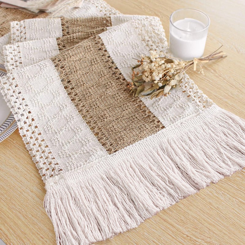 FEXIA Boho Table Runner for Fall Home Decor with Tassels 72 Inches Long Farmhouse Rustic Table Runner Macrame Burlap Table Decoration for Living Room Bridal Shower(12x72 Inches) - Image 1