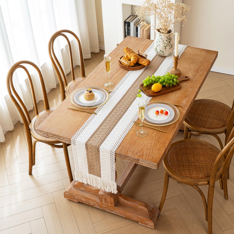 FEXIA Boho Table Runner for Fall Home Decor with Tassels 72 Inches Long Farmhouse Rustic Table Runner Macrame Burlap Table Decoration for Living Room Bridal Shower(12x72 Inches) - Image 4
