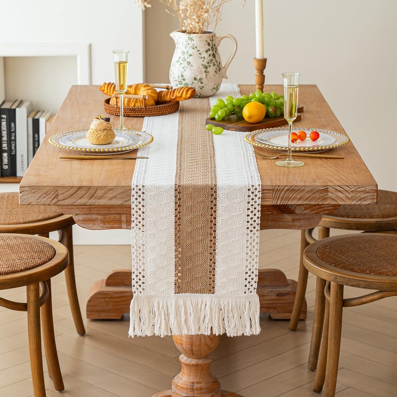 FEXIA Boho Table Runner for Fall Home Decor with Tassels 72 Inches Long Farmhouse Rustic Table Runner Macrame Burlap Table Decoration for Living Room Bridal Shower(12x72 Inches) - Image 2