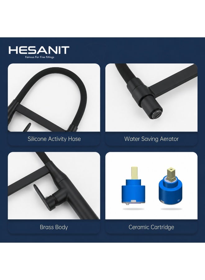 HESANIT 6931-1 Pull Out Basin Mixer, Single Lever Bathroom Sink Faucet with Pull-Out Sprayer, Water Saving Technology, Ceramic Cartridge & Anti-Lime Finish - Image 4