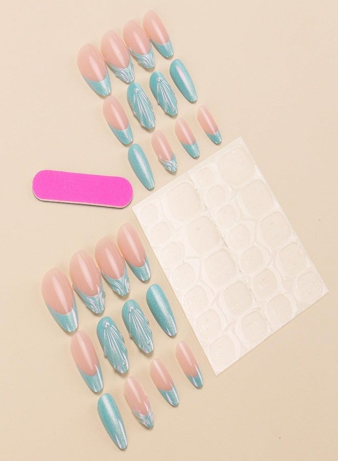 OFDNE Almond Press on Nails Medium OFDNE 3D French Tip Fake Nails Blue False Nails with Shell Pearls Glitter Designs Summer Stick on Nails Glossy Glue on Nails for Women Girls 24Pcs - Image 2
