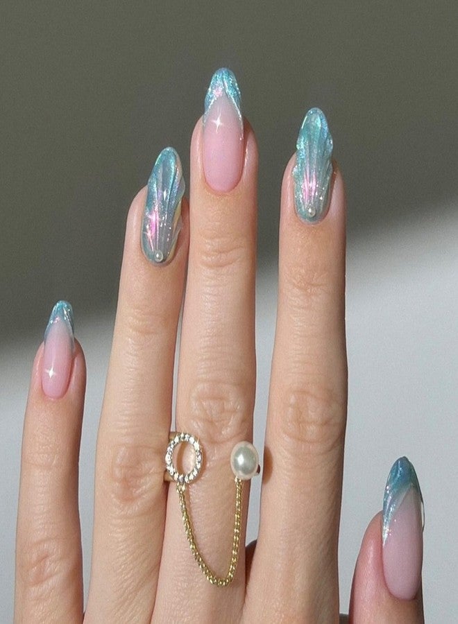 OFDNE Almond Press on Nails Medium OFDNE 3D French Tip Fake Nails Blue False Nails with Shell Pearls Glitter Designs Summer Stick on Nails Glossy Glue on Nails for Women Girls 24Pcs - Image 1