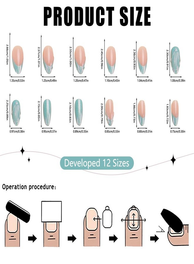 OFDNE Almond Press on Nails Medium OFDNE 3D French Tip Fake Nails Blue False Nails with Shell Pearls Glitter Designs Summer Stick on Nails Glossy Glue on Nails for Women Girls 24Pcs - Image 3