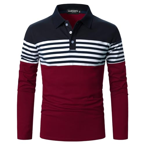 LUJENGEFA Mens Polo Shirts Long Sleeve Striped Casual Slim Fit Golf Polo Contrast Color Summer Cotton T-Shirts Long Sleeve Navy Blue+ Wine Red L - Image 1