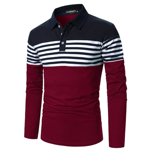 LUJENGEFA Mens Polo Shirts Long Sleeve Striped Casual Slim Fit Golf Polo Contrast Color Summer Cotton T-Shirts Long Sleeve Navy Blue+ Wine Red L - Image 2