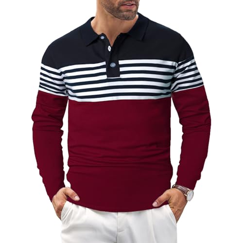 LUJENGEFA Mens Polo Shirts Long Sleeve Striped Casual Slim Fit Golf Polo Contrast Color Summer Cotton T-Shirts Long Sleeve Navy Blue+ Wine Red L - Image 3