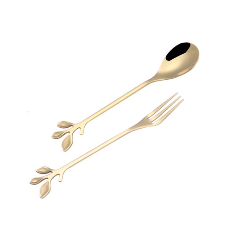 12 Pcs Stainless Steel Fork Spoon Kit 3-Leaf Flower Shape Design Dessert Fork Spoon Kitchen Supplies for Home Restaurant Hotel - 3 Spoons + 3 Forks(Golden ) - Image 1