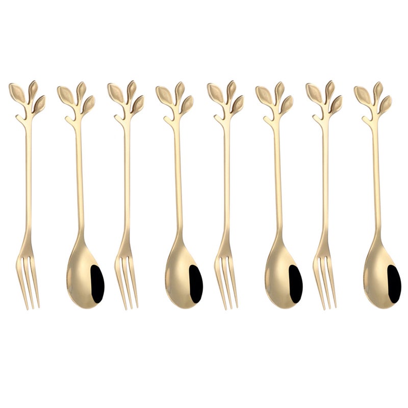 12 Pcs Stainless Steel Fork Spoon Kit 3-Leaf Flower Shape Design Dessert Fork Spoon Kitchen Supplies for Home Restaurant Hotel - 3 Spoons + 3 Forks(Golden ) - Image 2