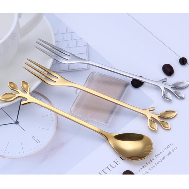 12 Pcs Stainless Steel Fork Spoon Kit 3-Leaf Flower Shape Design Dessert Fork Spoon Kitchen Supplies for Home Restaurant Hotel - 3 Spoons + 3 Forks(Golden ) - Image 4