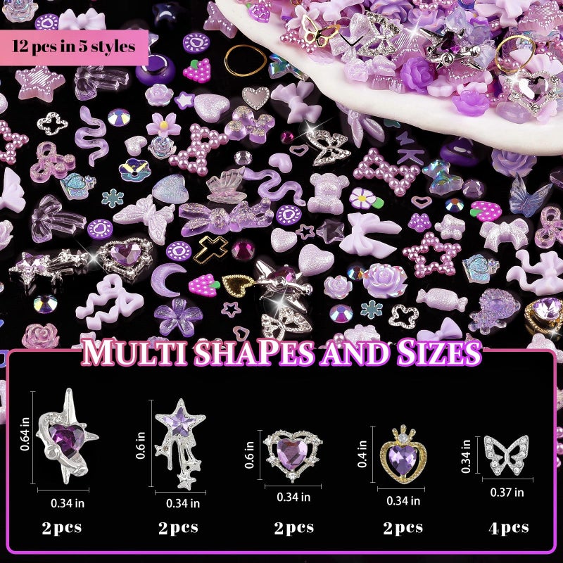 editTime 650pcs Mixed 3D Nail Charms Kit, 12pcs Luxury Metal Nail Rhinestones and 250pcs Resin Butterfly Flower Star Heart Bow Charms with 400pcs Flatback Pearls Rhinestone Metal Gems Charms (Purple) - Image 3