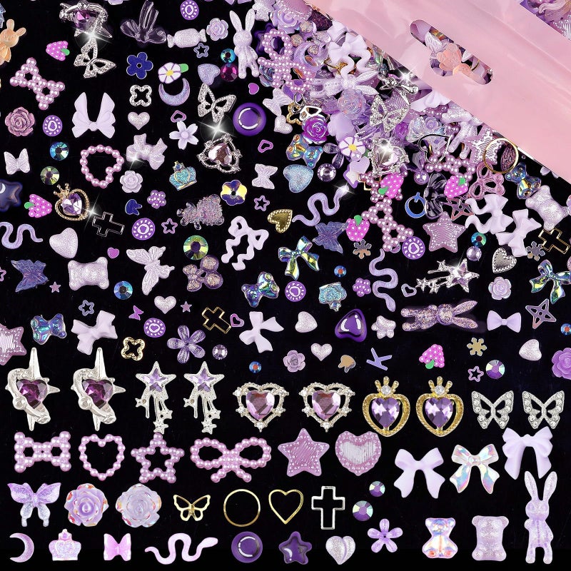 editTime 650pcs Mixed 3D Nail Charms Kit, 12pcs Luxury Metal Nail Rhinestones and 250pcs Resin Butterfly Flower Star Heart Bow Charms with 400pcs Flatback Pearls Rhinestone Metal Gems Charms (Purple) - Image 2