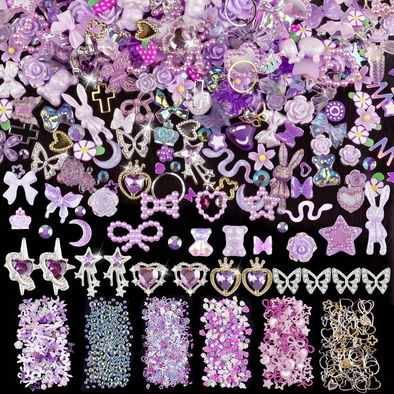 editTime 650pcs Mixed 3D Nail Charms Kit, 12pcs Luxury Metal Nail Rhinestones and 250pcs Resin Butterfly Flower Star Heart Bow Charms with 400pcs Flatback Pearls Rhinestone Metal Gems Charms (Purple) - Image 1