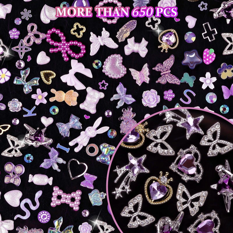 editTime 650pcs Mixed 3D Nail Charms Kit, 12pcs Luxury Metal Nail Rhinestones and 250pcs Resin Butterfly Flower Star Heart Bow Charms with 400pcs Flatback Pearls Rhinestone Metal Gems Charms (Purple) - Image 5