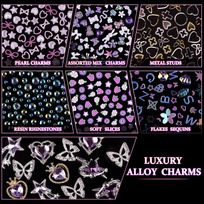 editTime 650pcs Mixed 3D Nail Charms Kit, 12pcs Luxury Metal Nail Rhinestones and 250pcs Resin Butterfly Flower Star Heart Bow Charms with 400pcs Flatback Pearls Rhinestone Metal Gems Charms (Purple) - Image 4