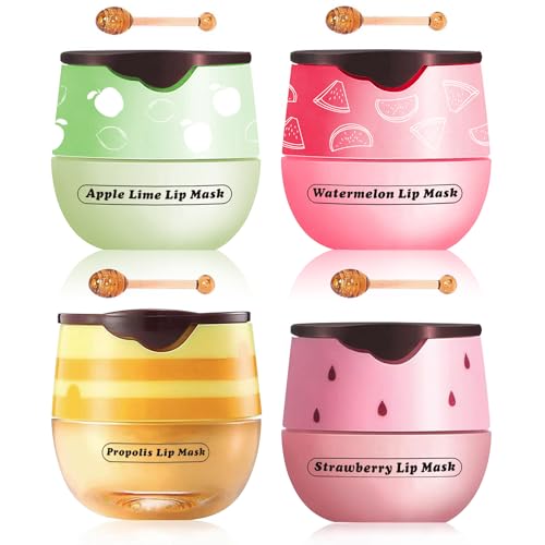 Tiejdhr 4 Pcs Honey Lip Balm, Strawberry Apple Watermelon Lip Mask, Moisturizing Lip Sleeping Mask, Hydrate Repair Prevent Dry Cracked Lip (Honey+Strawberry+Apple Lime+Watermelon) - Image 1