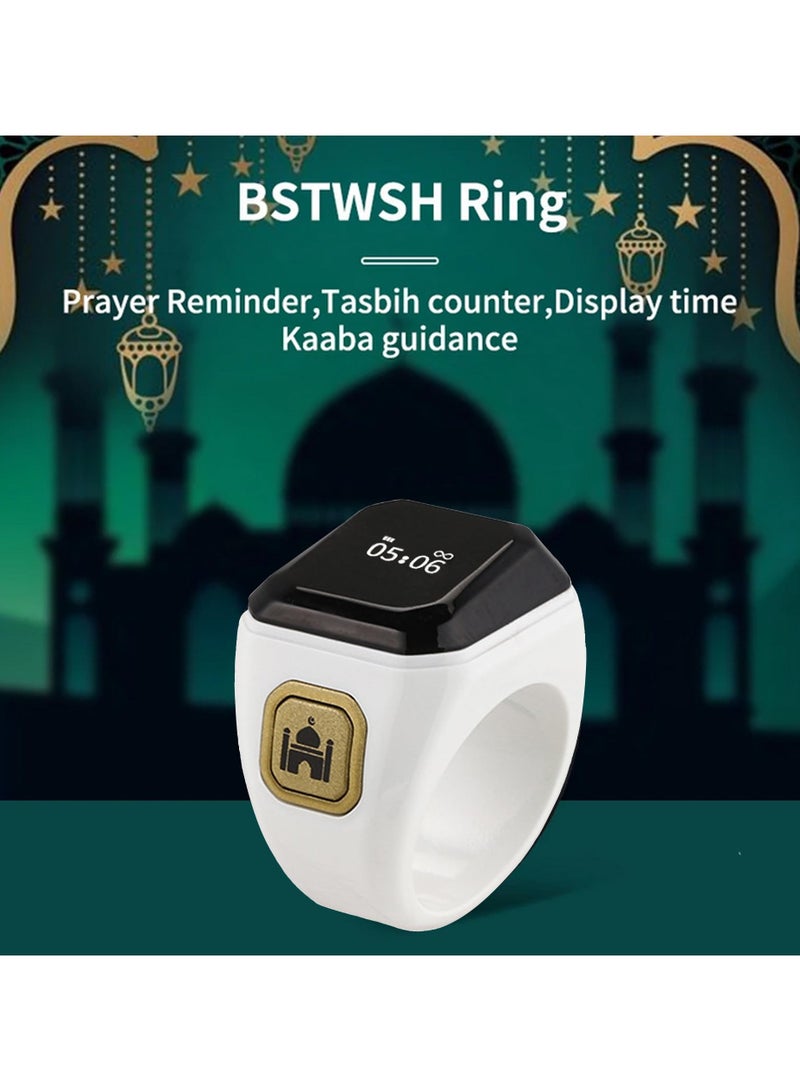 بستوش حلقة الذكر الذكية بحجم 20 ملم – حلقة تسبيح ذكية عربية للمسلمين مع تذكير بمواقيت الصلاة، عدّاد تسبيح، تقنية قابلة للارتداء، وتنبيه بالاهتزاز. مزودة بتطبيق IQIBLA الحصري وتذكيرات يومية للصلاة 5 مرات. (أبيض) - Image 1