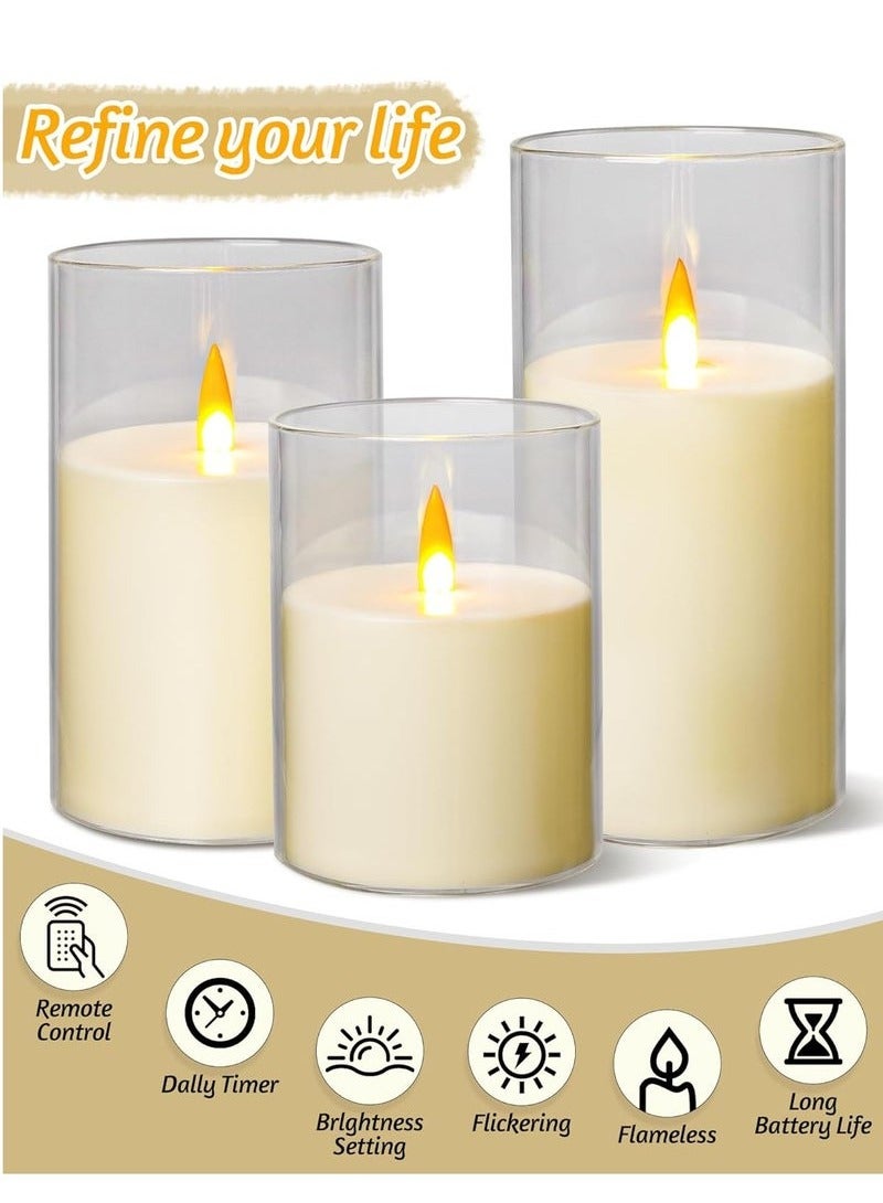 JAJEEK Flameless LED Candles with Remote Control and Timer – Set of 3 Acrylic Battery-Powered Pillar Candles – Indestructible 3D Wick for Romantic Ambiance and Home Décor – Ivory - Image 2
