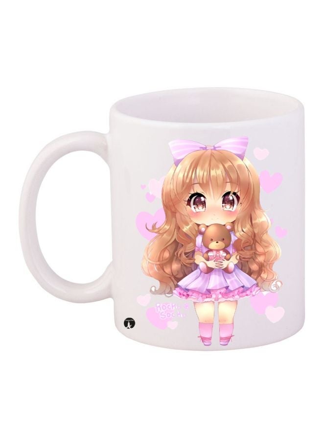RYN Cartoon Girl Printed Coffee Mug White/Pink/Brown 11ounce