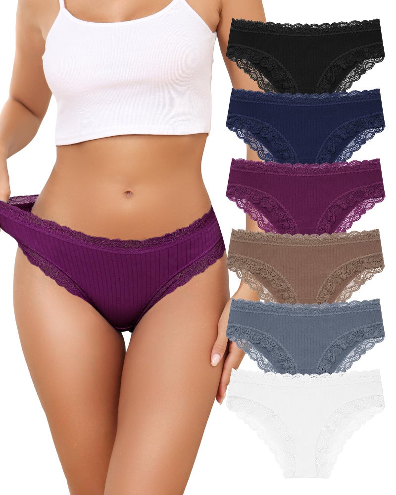 Aijolen Women's Cotton Bikini Underwear Brazil Cut Panties Lace Cheeky Hipster Soft Stretch Breathable 6 Pack - Image 1