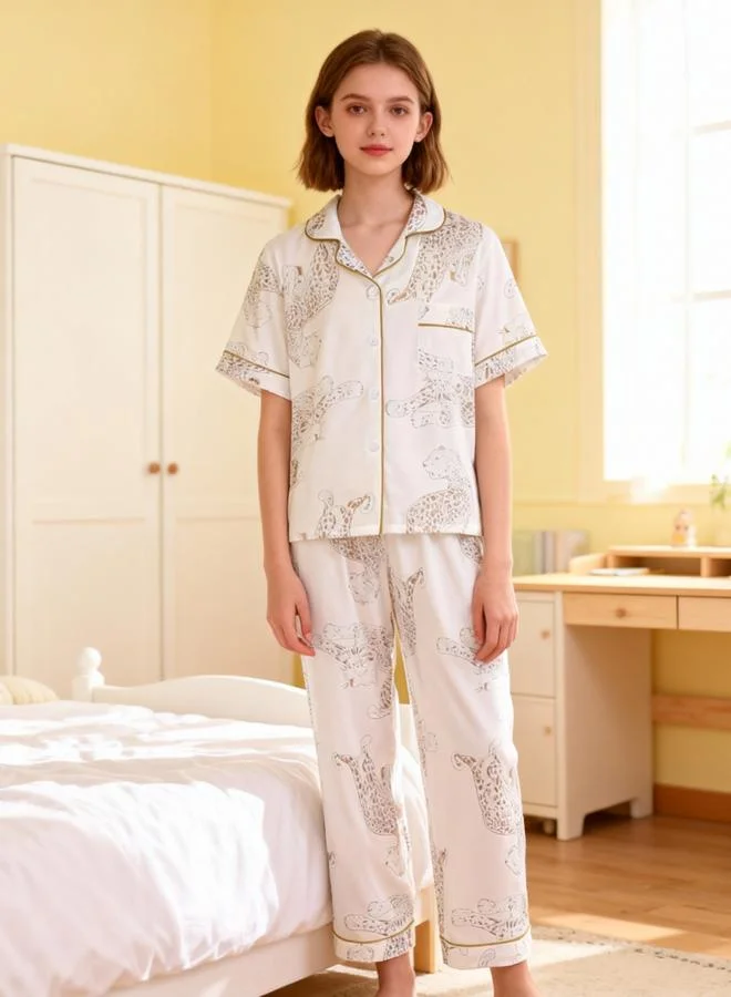 Take Two  Girls White Leopard Print Short Sleeve Shirt And Pyjama Set for Men | Best Price UAE