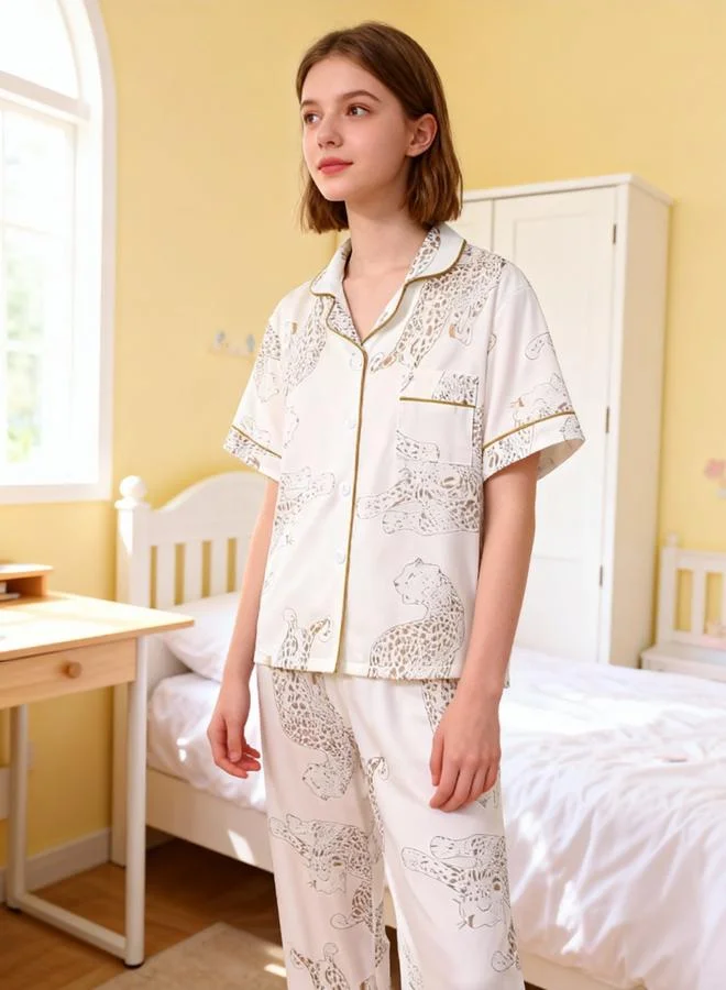 Take Two  Girls White Leopard Print Short Sleeve Shirt And Pyjama Set for Men | Best Price UAE